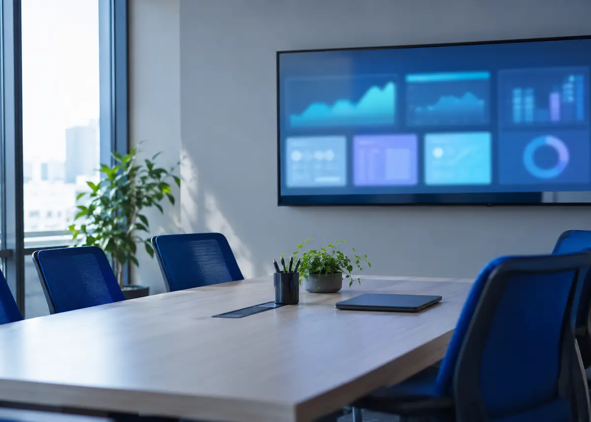 Sala de reuniones luminosa con pantalla mostrando paneles de indicadores