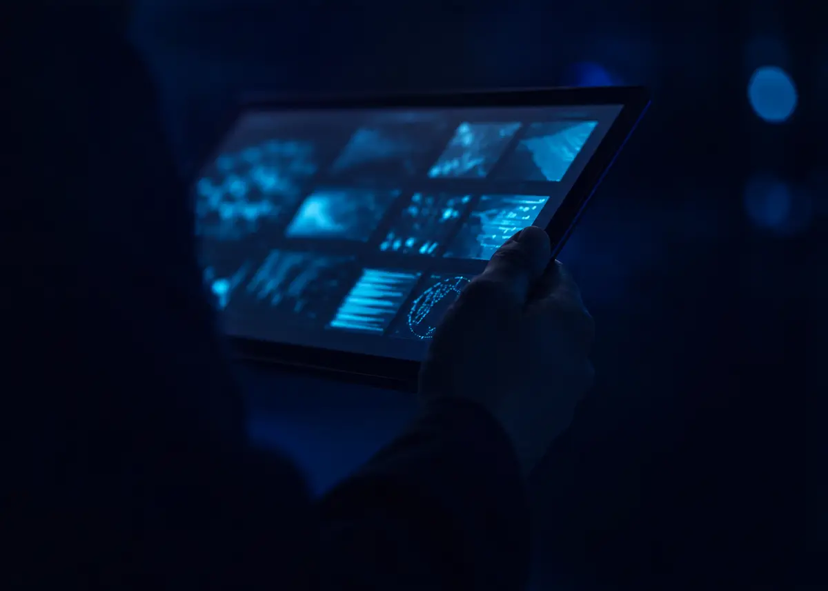 Mano sosteniendo una tableta con un dashboard de indicadores en tonos azules