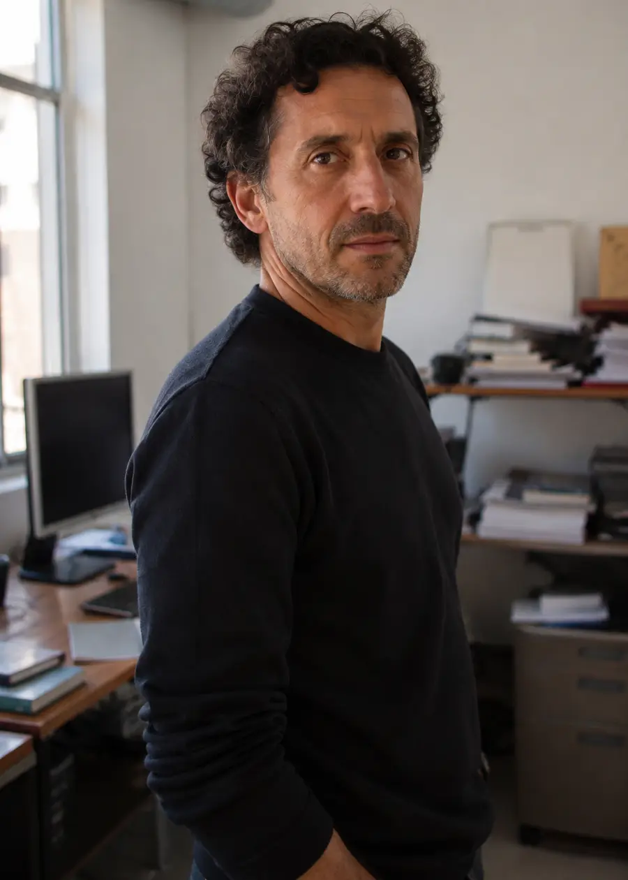 Retrato de Álvaro Cifuentes Mora, hombre de pelo rizado y barba corta, en una oficina con luz natural